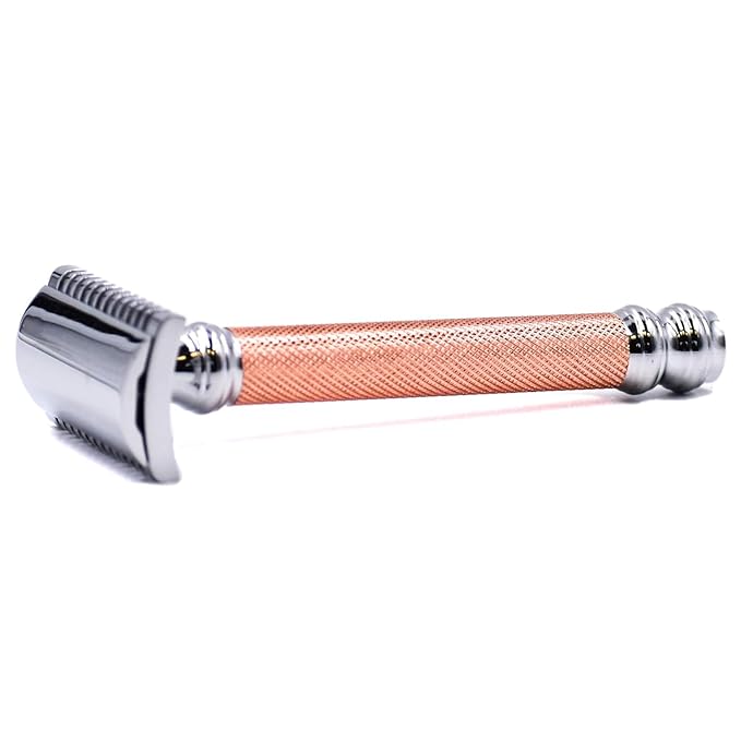 Parker Open Comb Double Edge Safety Razor – Heavyweight Chrome Handle for Closer Shaves – Includes 5 Razor Blades – Ideal for Men or Women (Rose Gold)