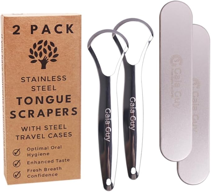 Stainless Steel Tongue Scraper (2-Pack w/ 2 Steel Travel Cases Included), Tongue Cleaners Reduce Bad Breath, 100% Metal Tongue Scrapers with Metal Cases (Plastic-Free)