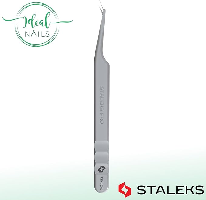 STALEKS PRO Expert 45 Type 8 Professional Eyelash Tweezers (Mini L-Shaped) – Stainless Steel with Nano-Notches for Volume & Mega-Volume Lash Extensions