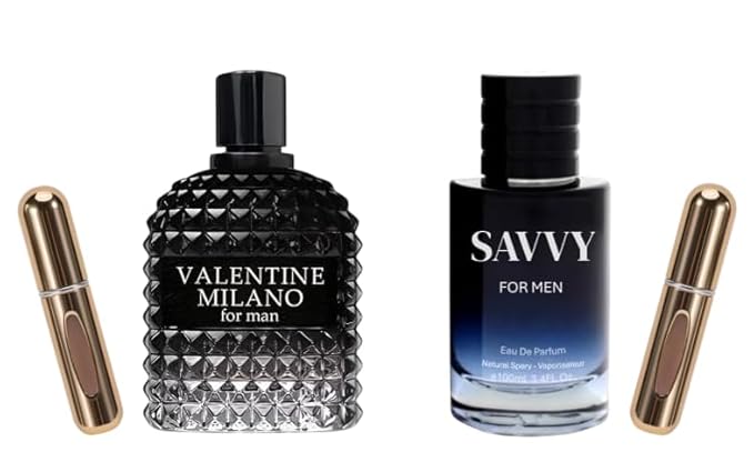 VALENTINE MILANO and SG FOR MEN Cologne for Men Combo Pack Eau de Partum Fragrance for Men 3.4oz/100ml, Natural Spray, Long Lasting (2-Pack) Plus 2 Refillable 5ml Travel Spray