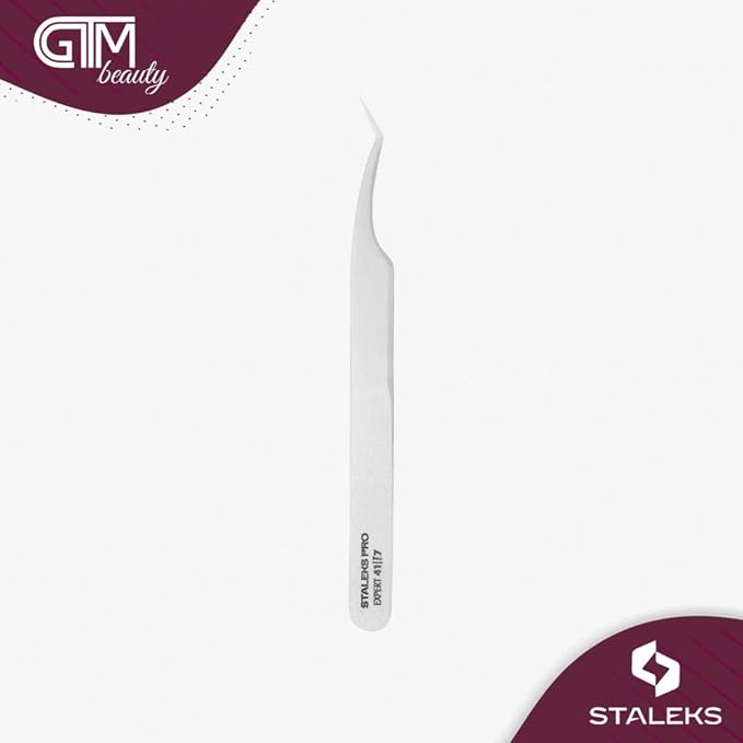 STALEKS PRO Expert 41 Type 7 Professional Eyelash Tweezers (L-Shaped 30°) – Stainless Steel for 2D-8D Volume & Extended Reach Lash Extensions