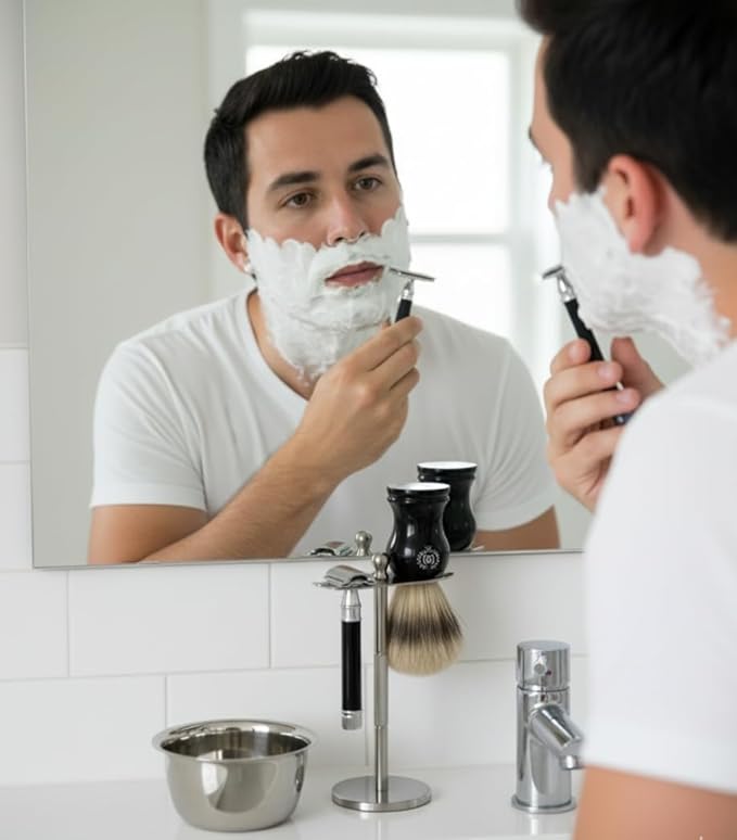 Vintage Men Shaving Gift Set | Gandpa Classic Twist Open DE Safety Razor, Stainless Steel Stand & Bowl, Shaving Brush & 10 Blades Christmas Gift For Him