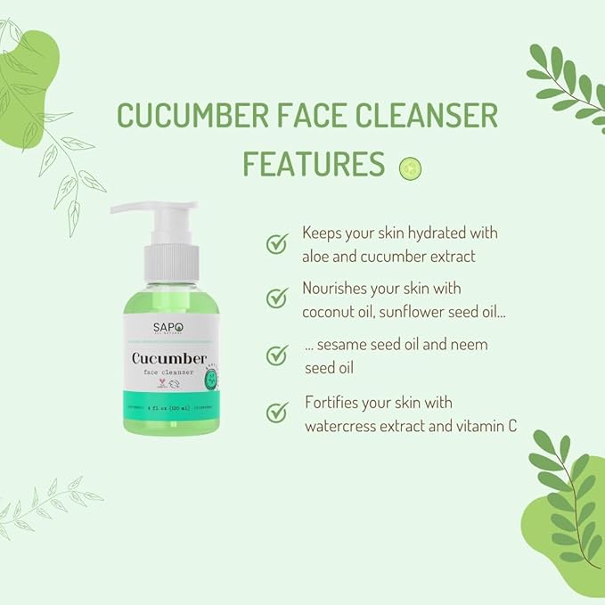 Sapo Cucumber Face Cleanser, Gentle Gel Wash with Aloe, Coconut Oil, Neem + Watercress, Hydrating pH-Balanced Facial Cleanser, 4 oz