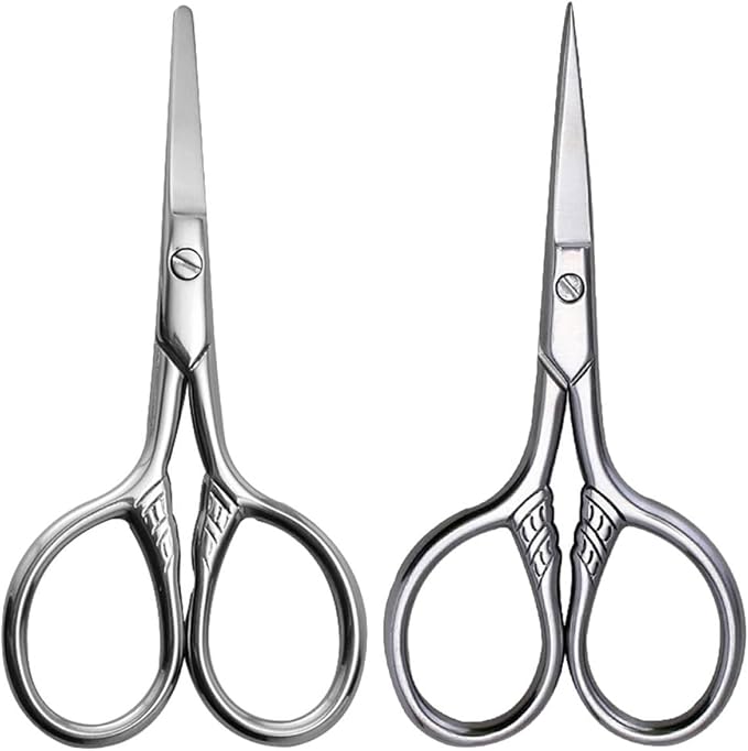 2Pcs Small Stainless Steel Eyebrow Trimming Scissors and Mustache Scissors Set for Men Precision Facial Hair Grooming Suitable for Beard and Eyebrow Maintenance