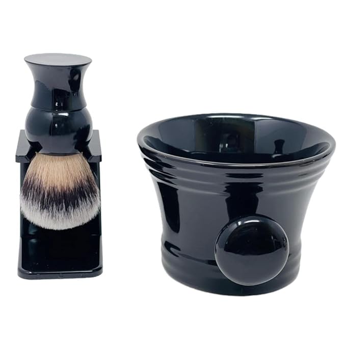 G.B.S GENTS Men’s Wet Shaving Kit - Complete 4-Piece Set with Heavy Duty Ceramic Bowl, Synthetic Shave Brush, Stand & Natural Shea Butter Lather Soap (Black)