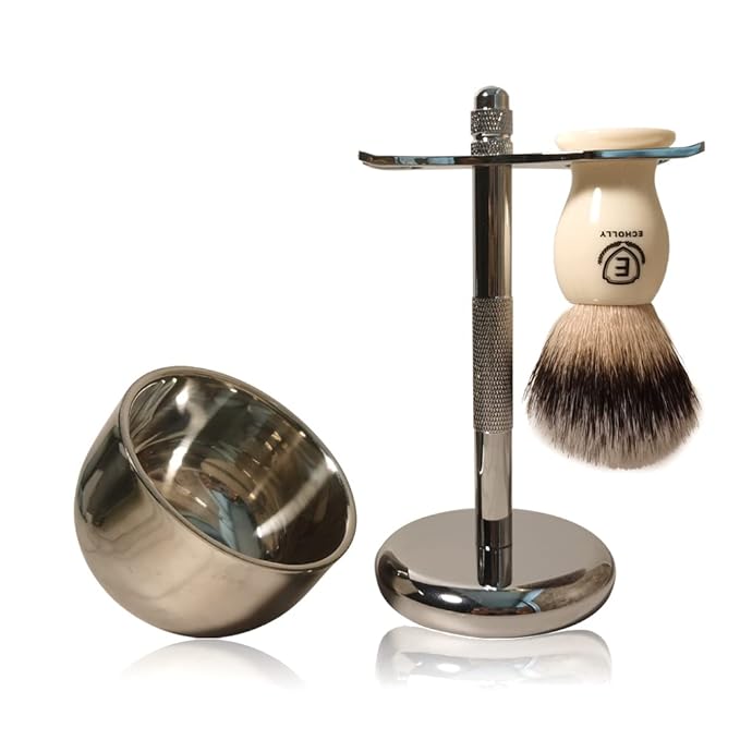 3 in1 Premium Shaving Brush Kit for Men Includes Vegan Badger Synthetic Hair Shaving Brush,Stainless Steel Shaving Soap Bowl,Heavy Safety Stand for Mens Gift (Ivory White)