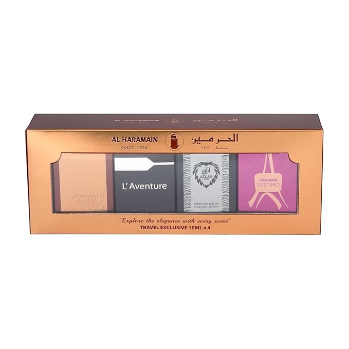 Al Haramain Fragrance Gift Set for Men & Women – 4×10ml each, (Amber Oud Gold Edition + L'aventure + Azlan Oud Charcoal Edition + Destino)