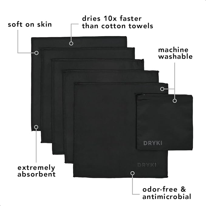 Pocket-Sized Sweat Towels - The Original Sweat Absorbing Handkerchiefs - Quick-Dry Microfiber Sweat Rags for Face, Hands, & Body - Men & Women - Gym, Sports, and Work (Black: 5 Pack + Free Bag)