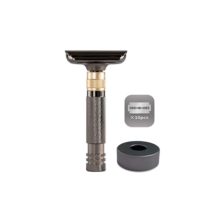 Luxurious and beautifully adjustable double-edged safety razor with 10 platinum-plated stainless steel razor blades, reusable razor kit, eco-friendly, smooth close shave (Glossy Black + Base)