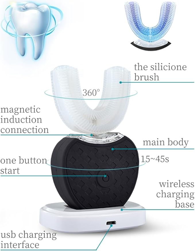 Aimery Automatic Toothbrush U Shaped Toothbrush for Adults 360° - Ultrasonic U-Electric Toothbrushes for Teeth Whitening - Wireless Charging & LED Light - Waterproof IPX7