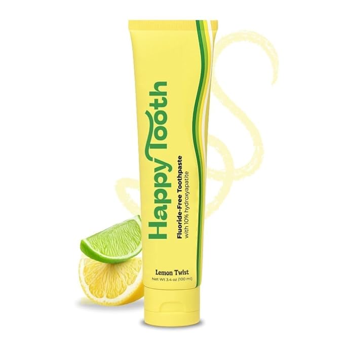 Happy Tooth Hydroxyapatite Toothpaste, Fluoride Free, Natural Whitening for Kids, Toddlers and Adults, SLS Free, Enamel Safe, Dentist Formulated with Clean Ingredients, Lemon Twist Flavor, 3.4 oz