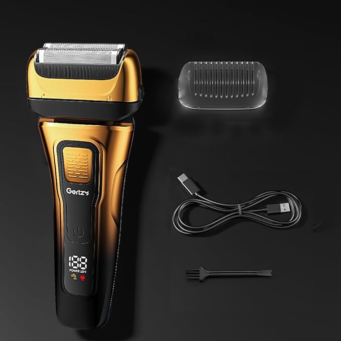 Gertzy Electric Shaver for Men Face, Men's Razor, Cordless Beard Foil Shavers with Pop Up Trimmer, Wet Dry Waterproof Rechargeable Type-C Charging, LED Display (Gold)
