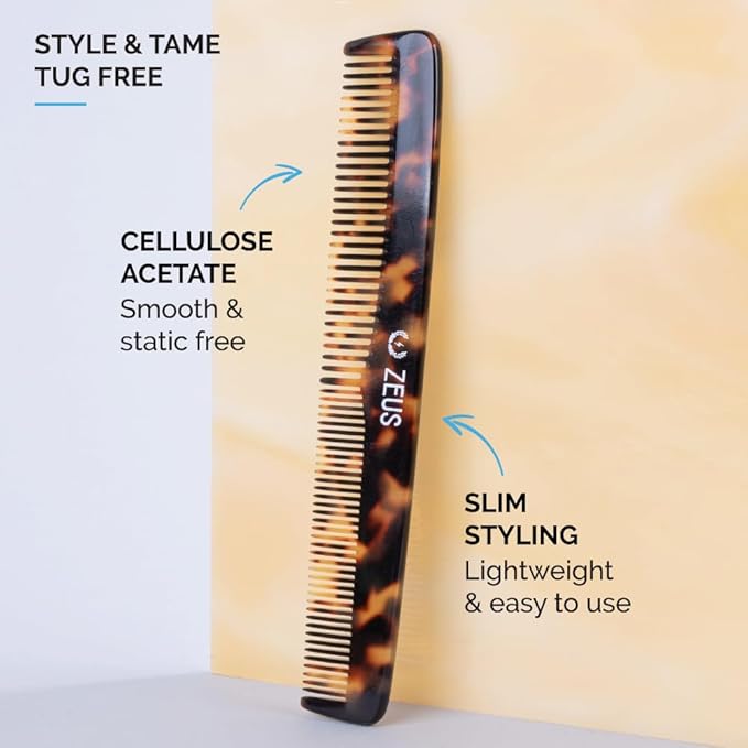 ZEUS Beard & Mustache Comb for Men, Handmade Saw-Cut Hair Comb for Untangling & Styling Beard (Tortoiseshell) V12