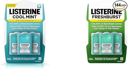 Listerine Pocketpaks Cool Mint Breath Strips 72 Count + 3 Packs Listerine Freshburst Breath Strips 24 Count Each
