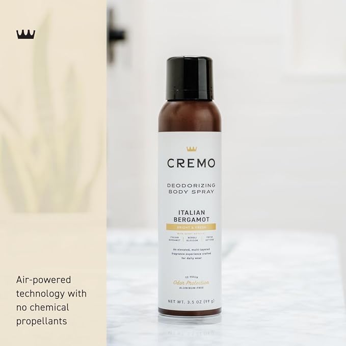 Cremo Italian Bergamot Body Spray, A Sophisticated Blend of Bergamot, Neroli Blossom, and Fresh Vetiver, 3.5 Fl Oz