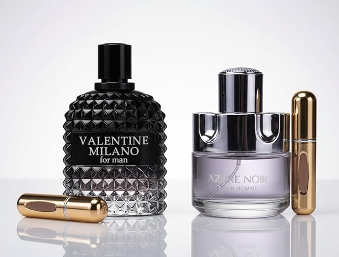 VALENTINE MILANO and AZURE NOIR POUR HOMME Cologne for Men Combo Pack Eau de Toilette Fragrance 3.4oz/100ml, Natural Spray, Long Lasting (2-Pack) Plus 2 Refillable 5ml Travel Spray