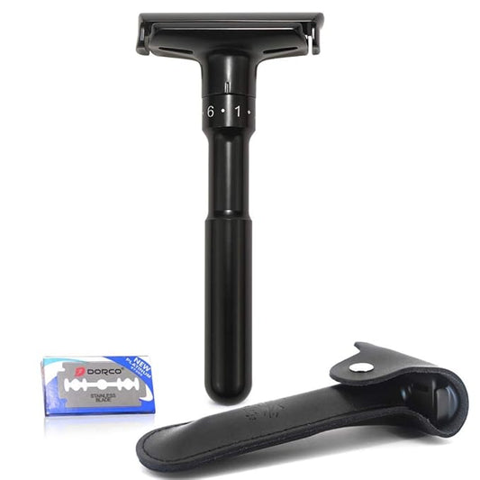 Adjustable Safety razor double edge razor Classic Safety razor, Matte black coating.RZ700 (1 Razor, 1 Leather Protective Sleeve & 10 pcs Titanium Coated Blades)
