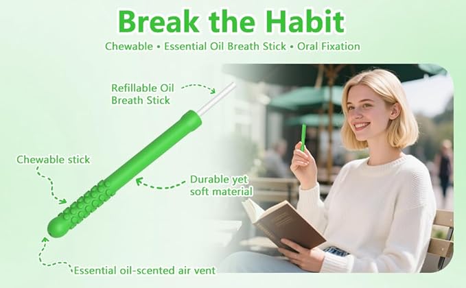 3PCS Chewable Sticks with Essential Oil, Chewable Slicone Sticks for Fresh Breath, Portable Breath Freshener with 9 Replacement Cores, Chewable Essential Oil Breath Stick Travel-Friendly