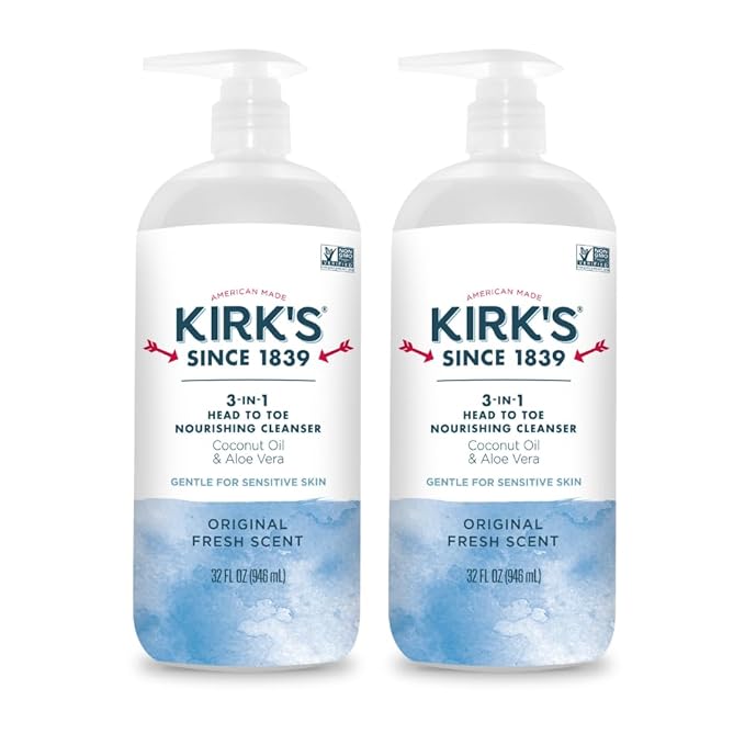 Kirk's 3-in-1 Head to Toe Nourishing Liquid Cleanser- for Men, Women & Children - Premium Coconut Oil & Aloe Vera- Non GMO & Vegan -Original Fresh Scent - 32 Fl Oz