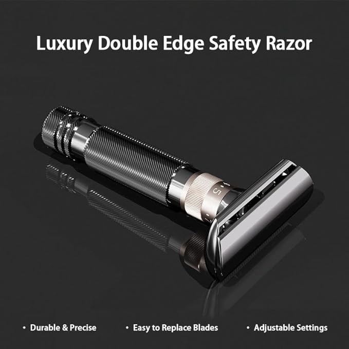 Luxurious and beautifully adjustable safety razor，best razors for men，with 10 platinum-plated razor blades, 1 blade razors reusable smooth close shave (Black + Base)