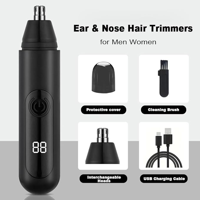 Ear and Nose Hair Trimmer Clipper for Men Women, USB Rechargeable Professional Painless Eyebrow & Facial & Ear & Nose Hair Trimmer, LED Display Dual Edge Blades for Easy Cleansing