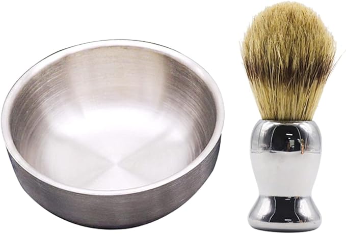 2pcs Stainless Steel Shaving Brush and Soap Bowl Set for Men's Wet Shaving and Lightweight Grooming Tools for Home Travel Use