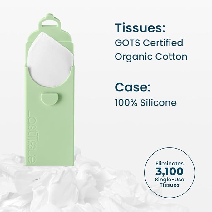 LastTissue® Reusable Cotton Tissue Pack | Face Towels & Handkerchiefs for Men & Women – Washable, Sustainable Facial Tissue with Storage Case - Green