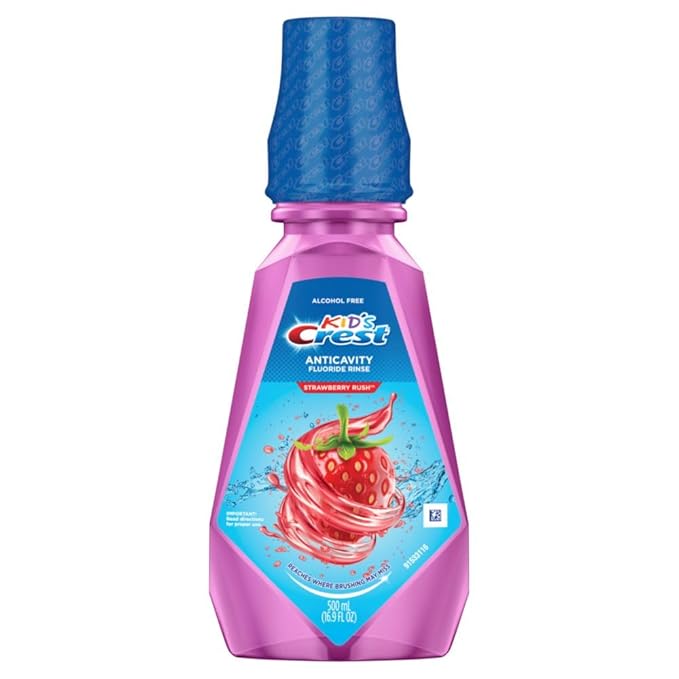 Crest Kid's Anti Cavity Fluoride Mouthwash, Alcohol Free, Strawberry Rush, 500 mL (16.9 fl oz), (Pack of 8)