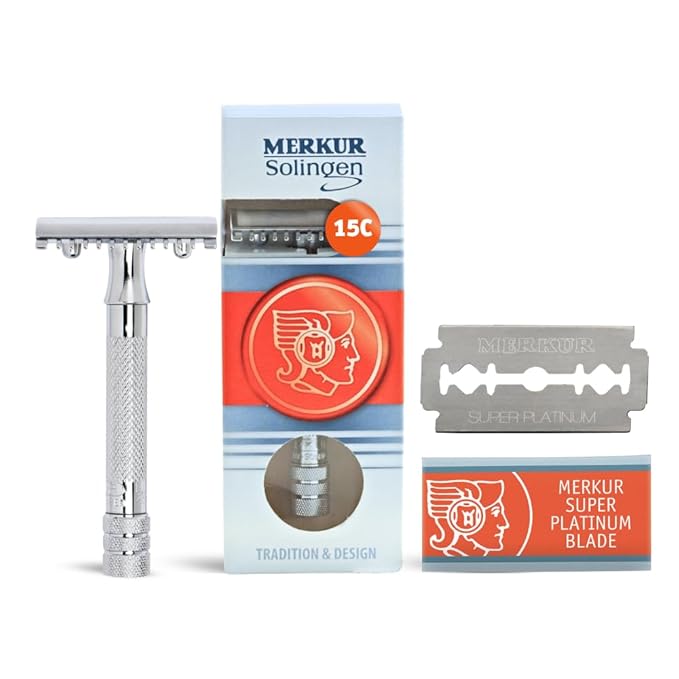 MERKUR 15C Double Edge Safety Razor in Bright Chrome with an Open Comb Design, Standard Handle, Made in Germany, Plastic-Free, Three-Piece Design, and Straight Bar