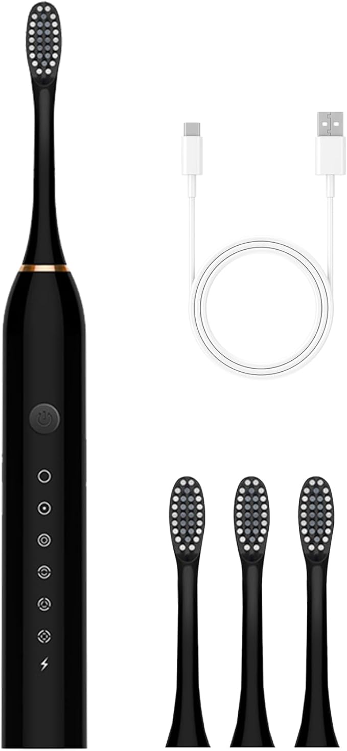 Electric Toothbrushes Adults Rechargeable Toothbrush with 4 Brush Heads and 6 Cleaning Modes Low Noise Waterproof Whiten Toothbrush Smart Timer Longer Life for Women Men Gift Black Rechargeable