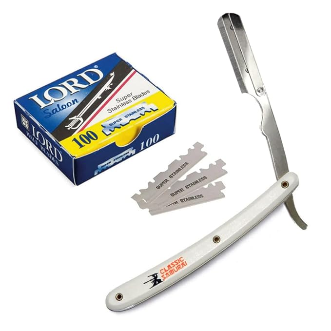 Stainless Steel Professional Barber Straight Edge Razor with 100 Lord Single Edge Razor Blades (White)