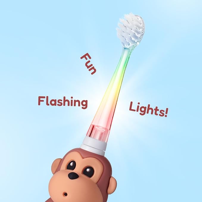 BrushBaby - WildOnes - Kids Rechargeable Electric Toothbrush, Ages 0-10 - Monkey Design with Flashing Lights - DeepClean Bristles for Superior Cleaning - 2 Replacement Brush Heads, 1 USB Cable