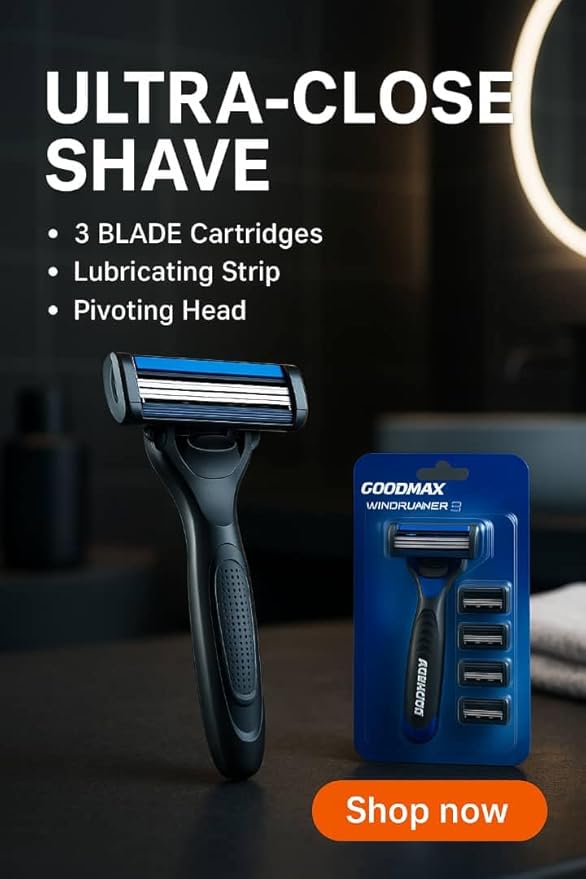 Men’s Razor System – Pivoting Triple-Blade Handle with Aloe Lubricating Strip, Nano-Coated Blades, Anti-Slip Grip + 4 Replacement Cartridges