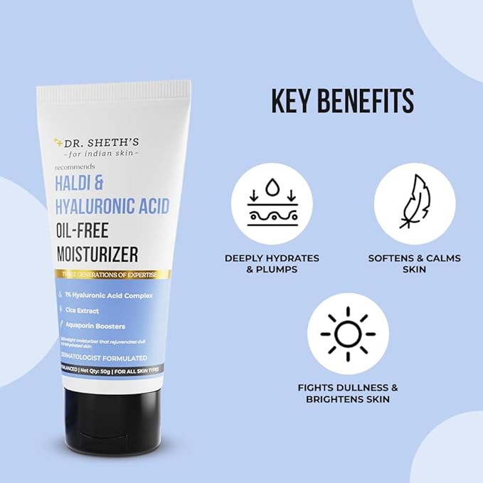 Dr. Sheth's Oil-Free Moisturizer with Hyaluronic Acid & Turmeric | Rehydrates Dull Skin, Enhances Texture, Softens & Calms | Lightweight, Non-Greasy | 1.76 Oz (50g)