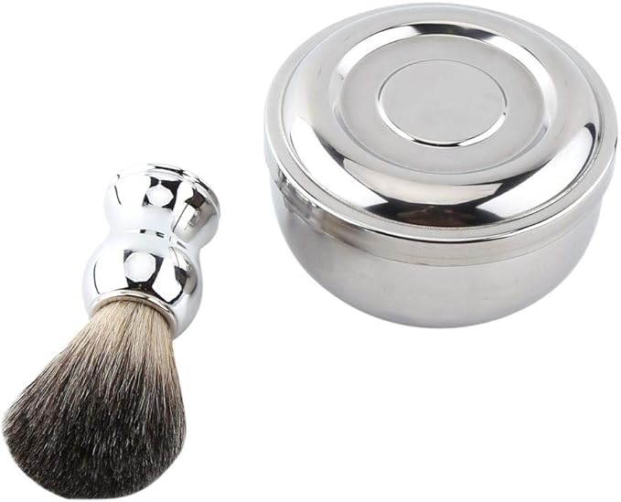Men's Shaving Set with Alloy Soap Mug Bowl & Lid, Silver Handle Faux Hair Brush, Professional Grooming Kit for Men's Daily Shaving Routine - Complete Wet Shaving Essentials
