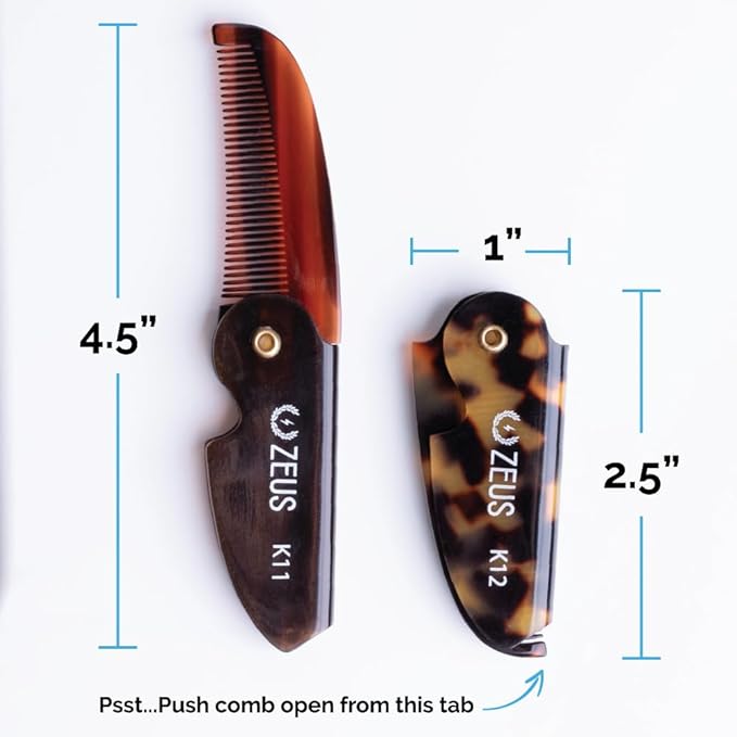 ZEUS Folding Mustache Comb for Men, Handmade Saw-Cut Pocket Comb for Men’s Beard & Moustache Grooming, Compact & Travel Friendly (Black) 3 PACK