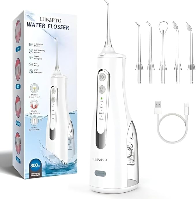 White Cordless Water Flosser for Teeth | Portable Oral Irrigator with 4 Modes | IPX7 Waterproof, Rechargeable, 300ml Water Tank for Everyday Oral Care & Travel