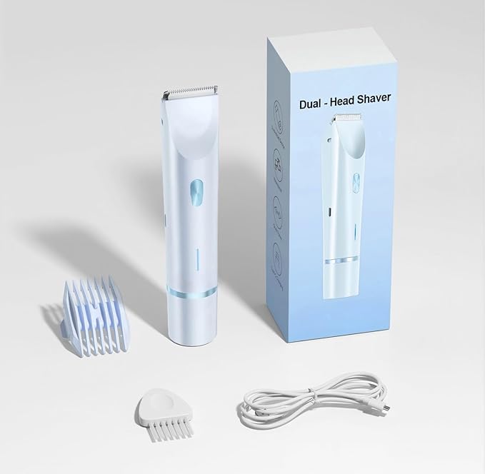 Bikini Trimmer for Women, 2-in-1 Painless Bikini Shaver with Ceramic Blade, Dual-Head Electric Shaver, Ipx7 Waterproof for Shower & Travel, Womens Electric Razor for Armpit Leg Body Facial, Blue