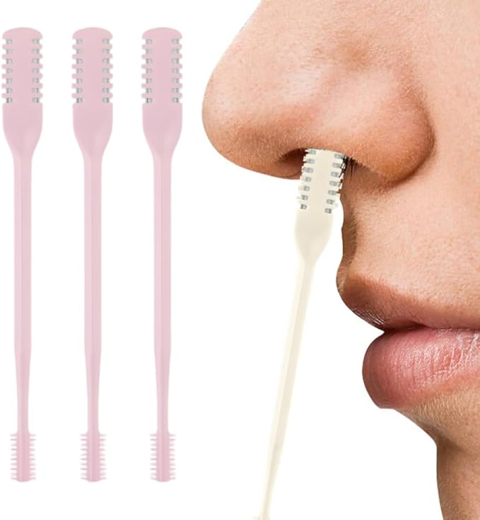 2-in-1 Nasal Hair Cutter, Nose Hair Trimmer for Men Women, 360° Rotating Portable Manual Nose Hair Remover Tool with Ear Picker, Double Sided Noses Hairs Knife Travel Essentials (Pink, 3PC B)