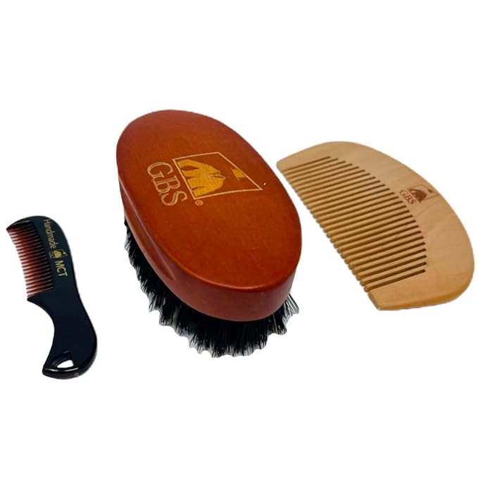 G.B.S Combo Beard Grooming set, Oval Wood Beard Brush with Boar Bristles 4 1/2" x 2 3/8", All Fine Wood Beard Comb 2" x 4" & Tortoise Pocket Beard and Mustache Comb Effortless Glide