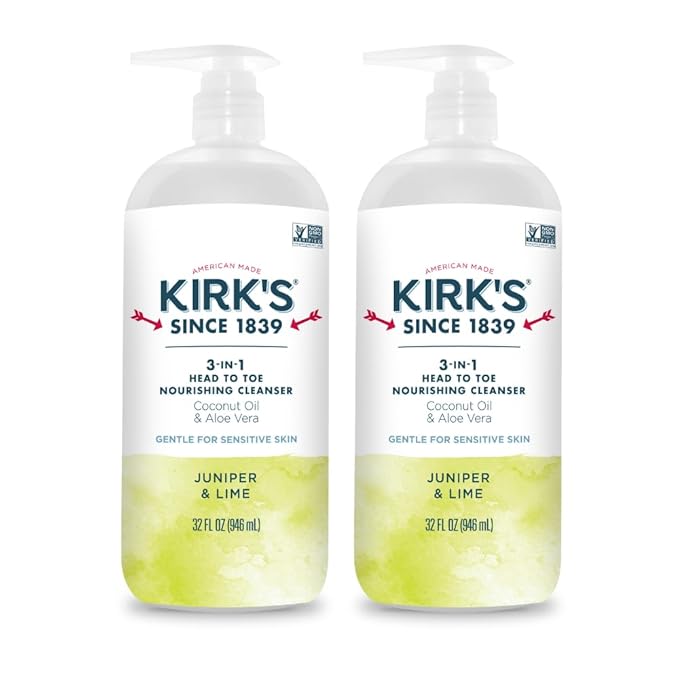 Kirk's 3-in-1 Head to Toe Nourishing Liquid Cleanser- for Men, Women & Children - Premium Coconut Oil & Aloe Vera- Non GMO & Vegan -Juniper & Lime - 32 Fl Oz 2 Pack