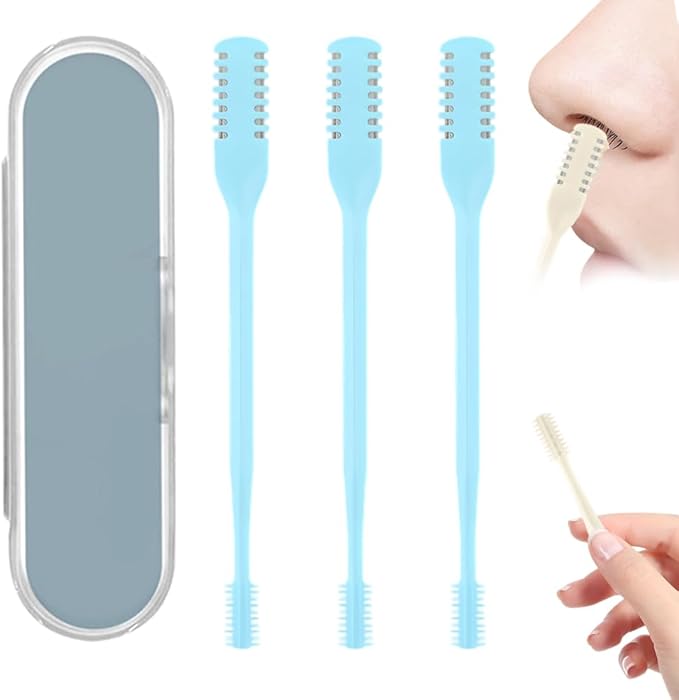 360° Rotating Nose & Ear Groomer, 2025 Dual-Blade Manual Trimmer with Cleaning Brush, 2-in-1 Nasal Hair Cutter for Men and Women (Blue, 3PCS)