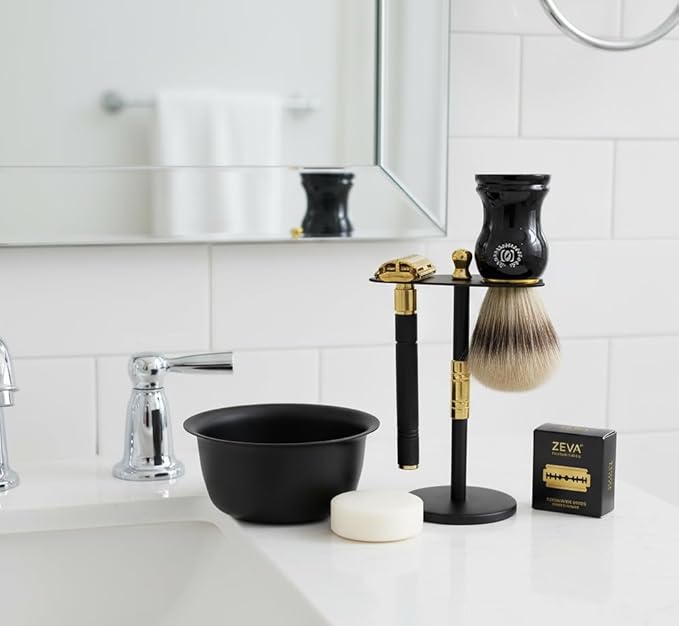 Men Safety Razor Vintage Shaving Gift Set | Butterfly Open DE Safety Razor, Stainless Steel Stand & Bowl, Natural Brush & 10 Blades Black Matte Finish Holiday Gift Idea