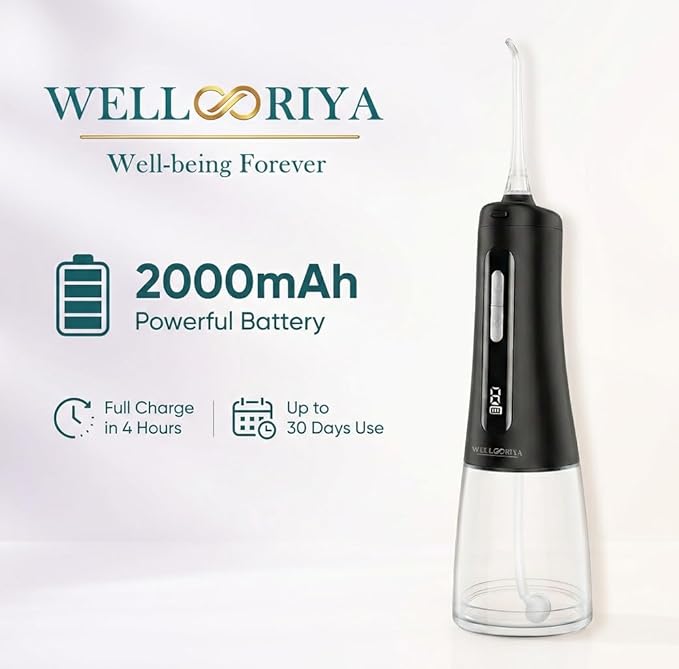 Cordless Water Dental Flosser – Power Dental Flosser for Teeth & Gums, 9 Pressure Levels, 300mL Tank, USB-C Rechargeable Oral Irrigator, IPX7 Waterproof for Braces & Travel – Wellooriya (Black)