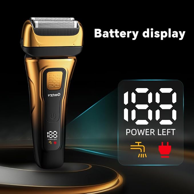 Gertzy Electric Shaver for Men Face, Men's Razor, Cordless Beard Foil Shavers with Pop Up Trimmer, Wet Dry Waterproof Rechargeable Type-C Charging, LED Display (Gold)