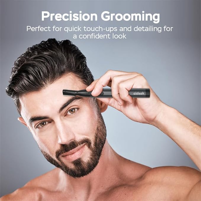 Upgraded Eyebrow Trimmer for Men, Precision Detailer, Battery-Powered Eyebrow Razor with Rinseable Blade, Facial Hair Trimmer with Comb, Compact Pen-Size, Safe Painless Shaver