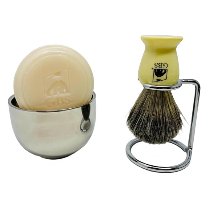 G.B.S Badger Bristle Faux Ivory Shaving Brush,Chrome Shave Brush Stand & Chrome Shaving Bowl, Shaving Soap with Shea Butter, use with any Soap Cream All Razors, Effortless Glide, Long Lasting