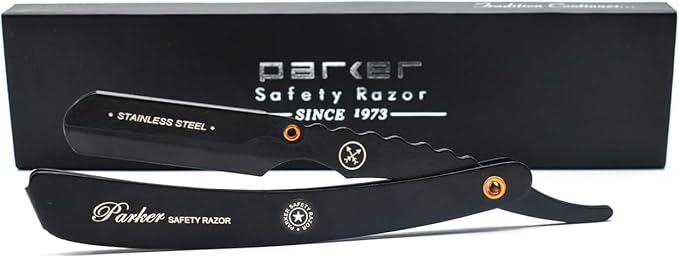 Parker SRXBLK Professional Stainless Steel Clip‑Style Barber Razor – Heavy‑Duty Black Finish with 5 Refill Blades, Ergonomic Weight for Barbers & Straight Razor Shaving Enthusiasts