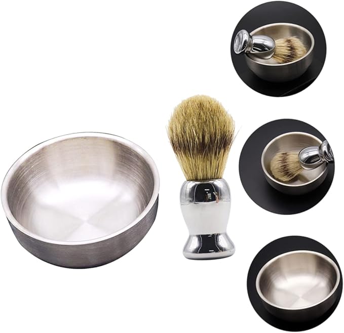 2pcs Stainless Steel Shaving Brush and Soap Bowl Set for Men's Wet Shaving and Lightweight Grooming Tools for Home Travel Use