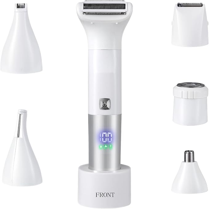 Shaver for Women, 6-in-1 Body Hair Trimmer, Facial & Pubic Hair Removal, IPX7 Waterproof Wet & Dry Grooming Electric Shaver Kit,Cordless Travel Razor with USB Charging Dock
